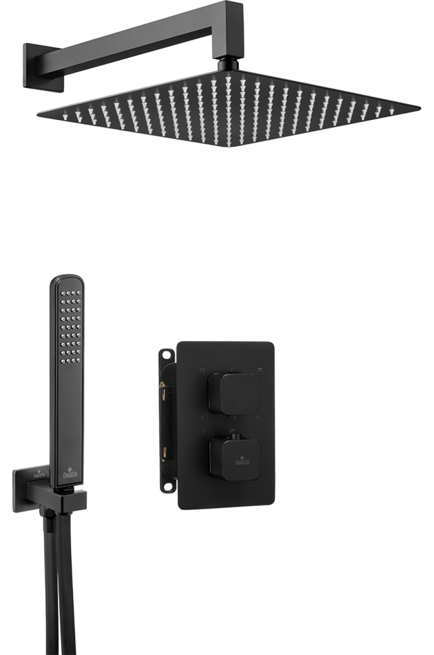 Nero Black (квадро,закругленный) комплект с боксом скрытого монтажа термостатический  
